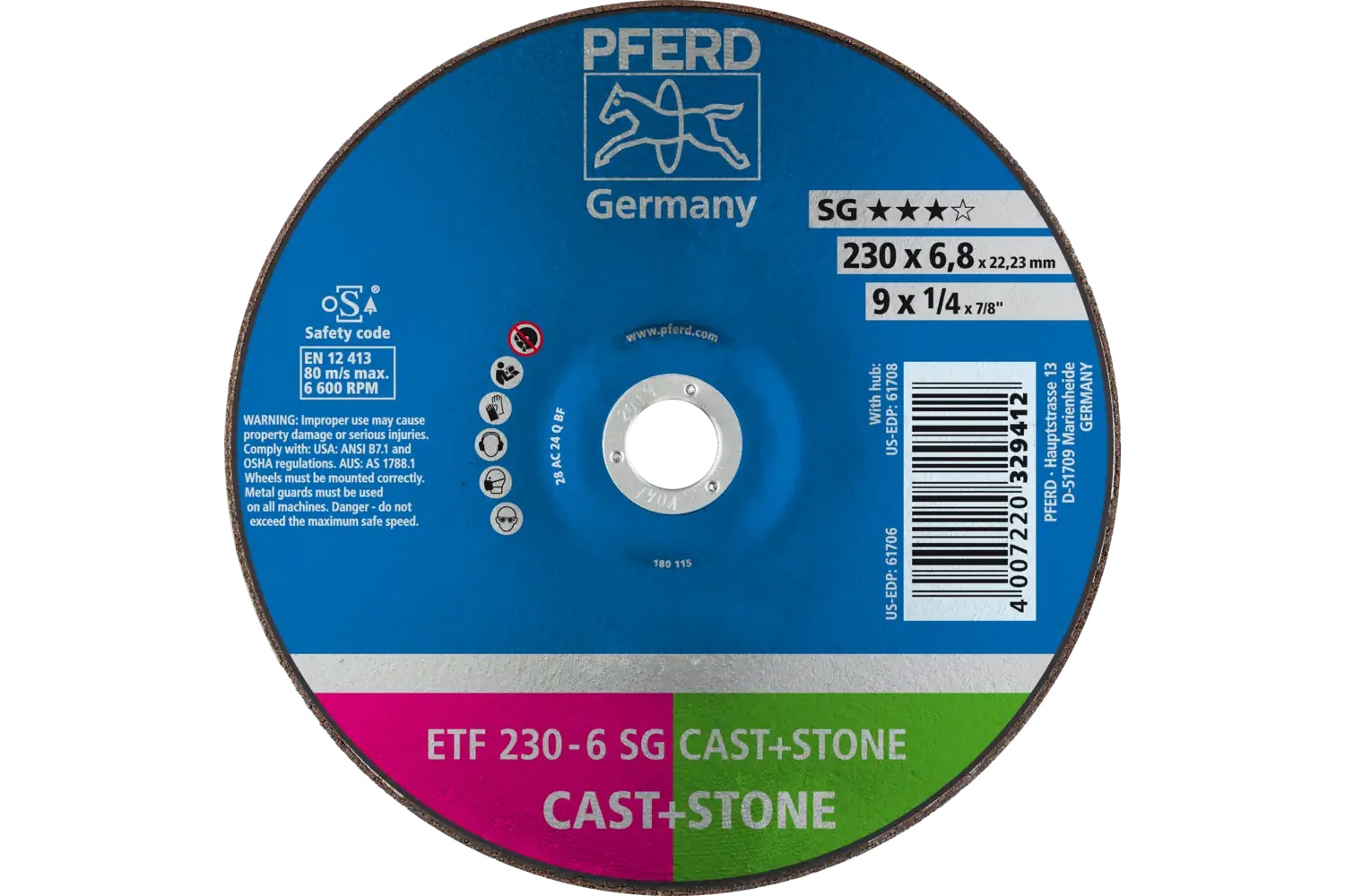 Picture of Pferd Grinding Wheel, 9" X 1/4 X 7/8, Sg Cast+Stone, T28, Ao, Sic